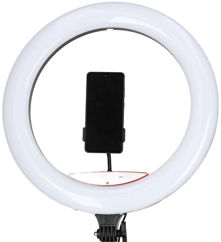 Ikonka RGB LED žiedinė lempa asmenukėms ir vaizdo įrašams su trikoju bei nuotolinio valdymo pulteliu, 45 cm