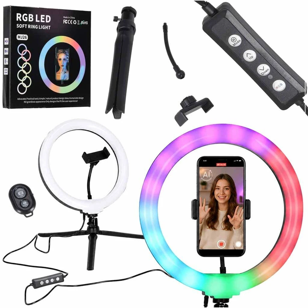 Ikonka Spalvota RGB LED asmenukių žiedinė lempa su stovu