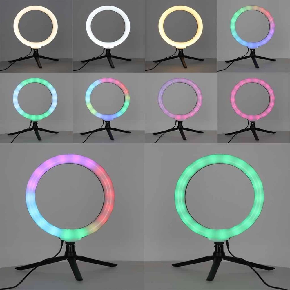 Ikonka Spalvota RGB LED asmenukių žiedinė lempa su stovu