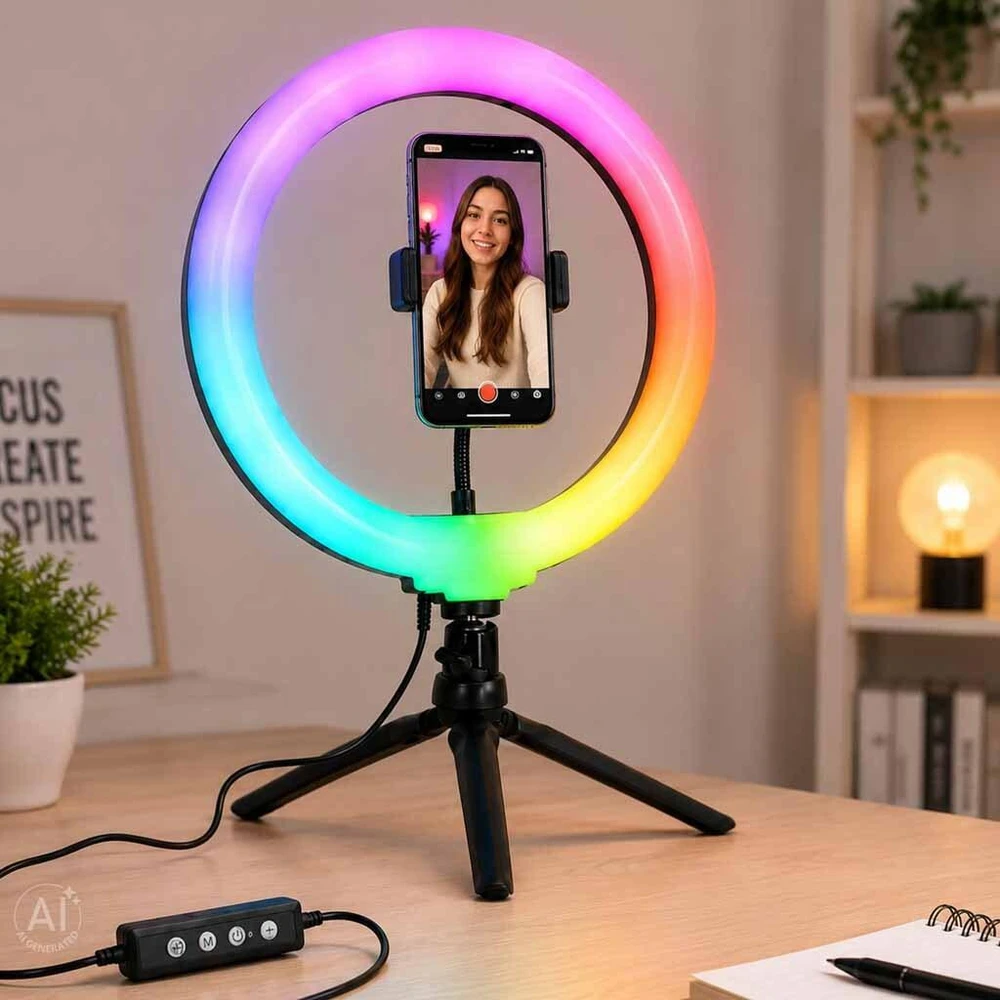 Ikonka Spalvota RGB LED asmenukių žiedinė lempa su stovu