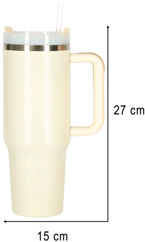 Ikonka Termo puodelis ze słomką i laikikliu termos 1200ml kreminė