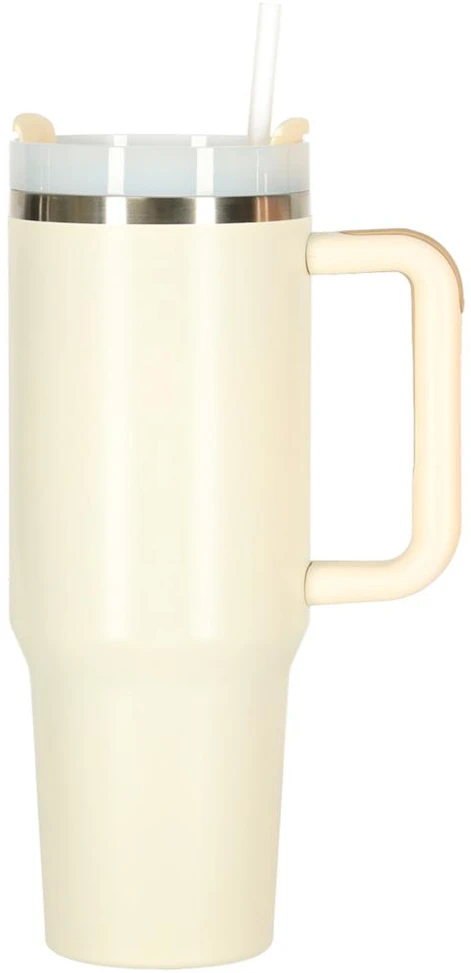 Ikonka Termo puodelis ze słomką i laikikliu termos 1200ml kreminė