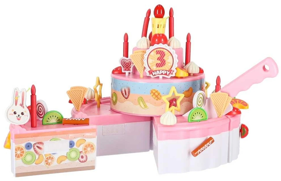 Ikonka Trijų aukštų gimtadienio tortas pjaustymui su lipdukais, muzika ir šviesomis, 75 elementai, rožinis