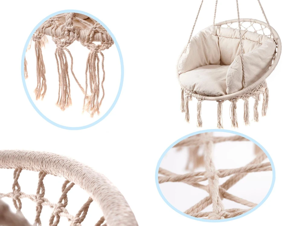 Boho stiliaus pakabinamas krėslas su pagalvėle 80 cm | 150 kg | spalva: ecru