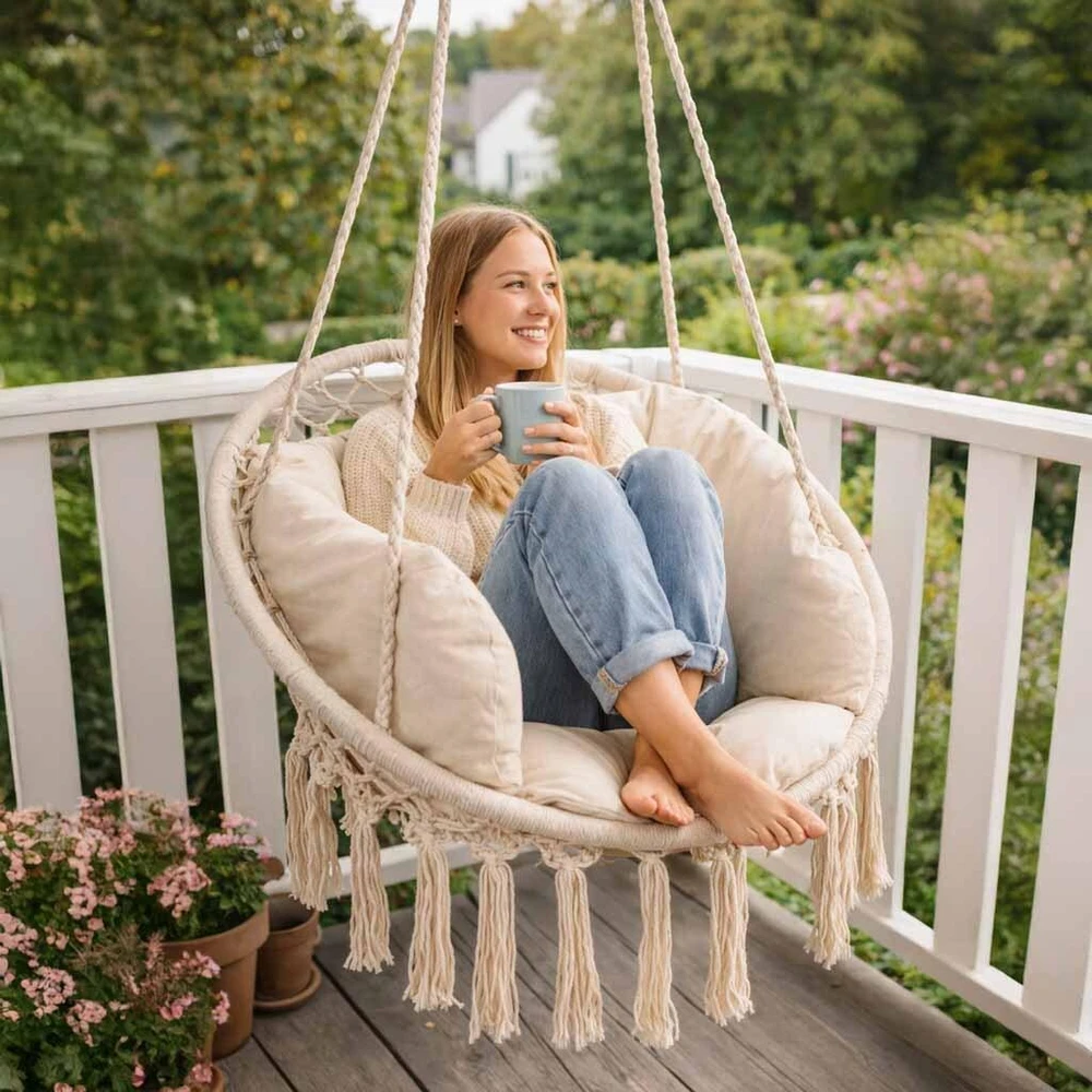 Boho stiliaus pakabinamas krėslas su pagalvėle 80 cm | 150 kg | spalva: ecru