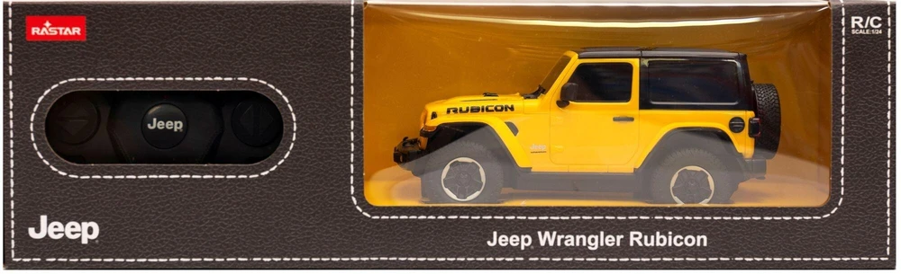 Nuotoliniu būdu valdomas geltonas „Jeep Wrangler JL“ automobilis, 1:24, „Rastar“ 79500