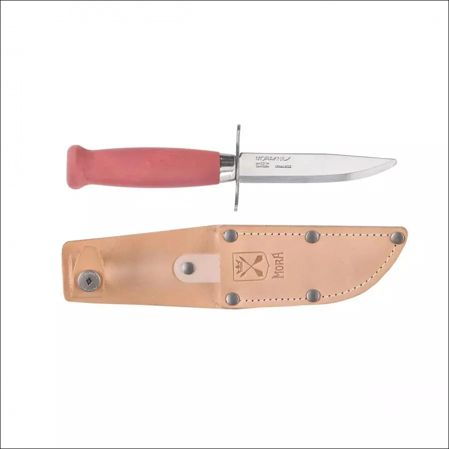 Vaikiškas peilis Morakniv Scout 39 Safe, odinis dėklas, dviguba pirštų apsauga, spalva bordinė