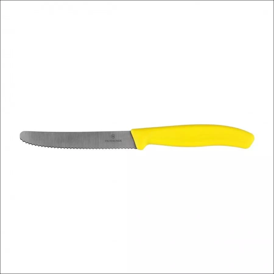 Virtuvinis peilis Victorinox Swiss Classic 6.7838.C1 dantytais ašmenimis, su užapvalintu galiuku, geltonas
