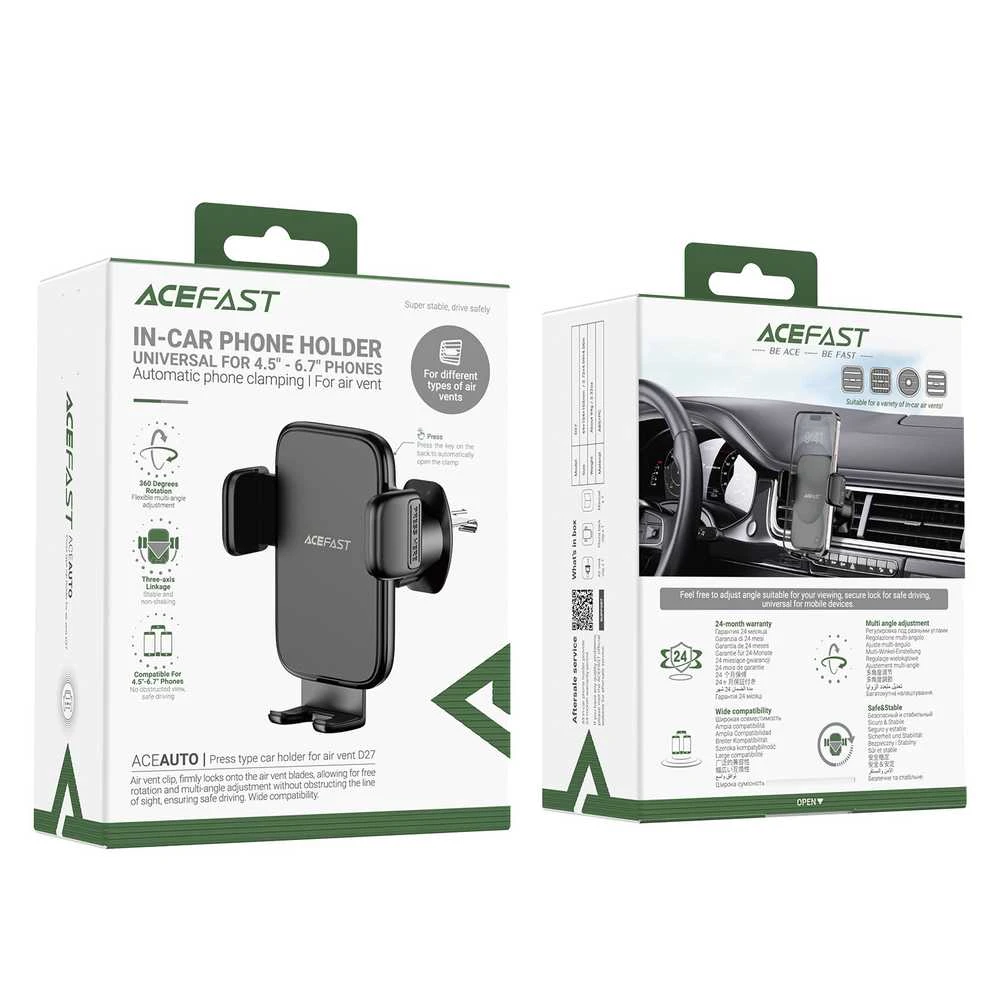 Acefast D27 Auto Gaisa Ventilācijas Telefonu Turētājs 4.5 - 6.7 Ierīcēm Universāls Klips Montāža 360° Rotācija Melns