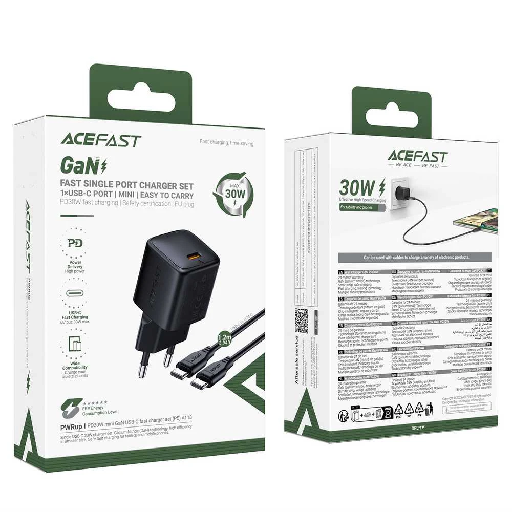 Įkroviklis Acefast A118 30W GaN USB-C + USB-C to USB-C cable 1.2m juodas
