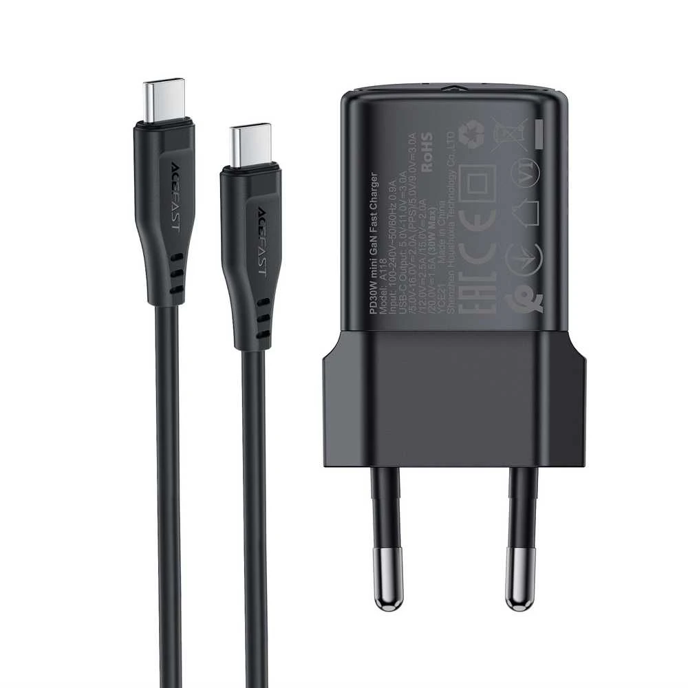 Įkroviklis Acefast A118 30W GaN USB-C + USB-C to USB-C cable 1.2m juodas