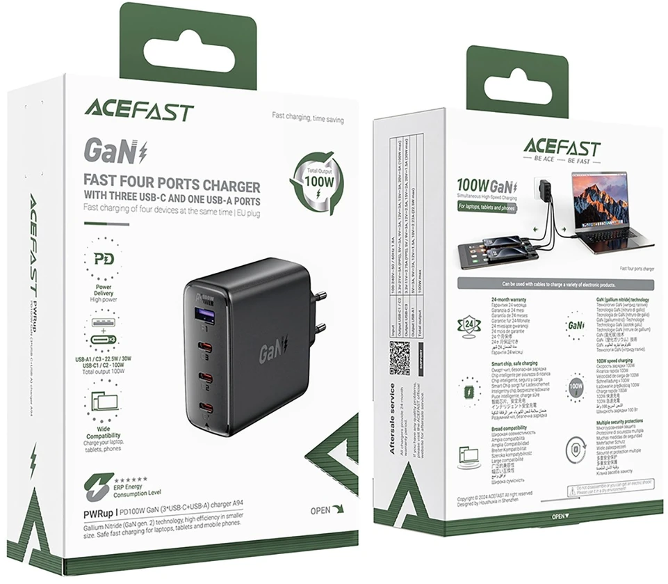 Įkroviklis Acefast A94 100W GaN 3xUSB-C/USB-A juodas