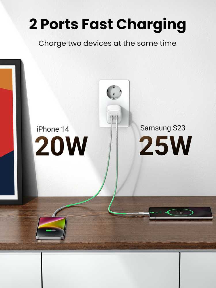 GaN 2 x USB-C 45W QC PD Ugreen CD294 greitasis įkroviklis - baltas
