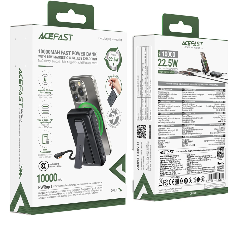 Išorinė baterija Power Bank Acefast M24-10000 22.5W Magnetic Wireless 10000mAh juoda