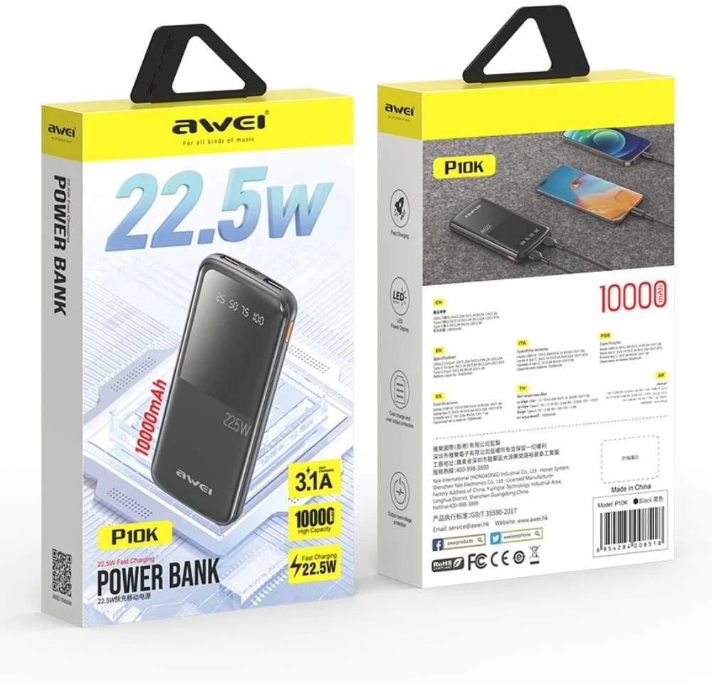Išorinė baterija Power Bank Awei P10K 22.5W 10000mAh juoda