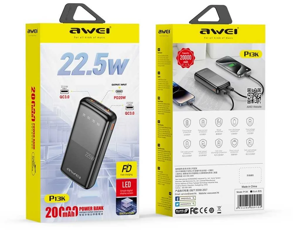 Išorinė baterija Power Bank Awei P13K PD20W/QC22.5W 20000mAh juoda