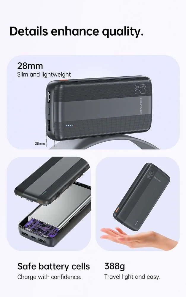 Išorinė baterija Power Bank Awei P19K 5V/2.4A 20000mAh juoda