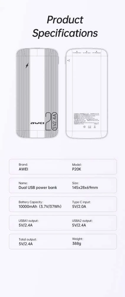 Išorinė baterija Power Bank Awei P19K 5V/2.4A 20000mAh juoda