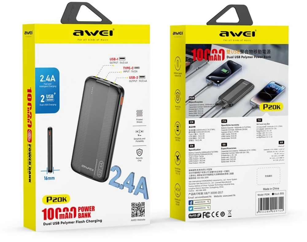 Išorinė baterija Power Bank Awei P20K 5V/2.4A 10000mAh juoda