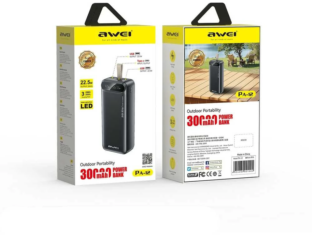 AWEI PowerBank PA-12 30000mAh 22.5W juodos spalvos