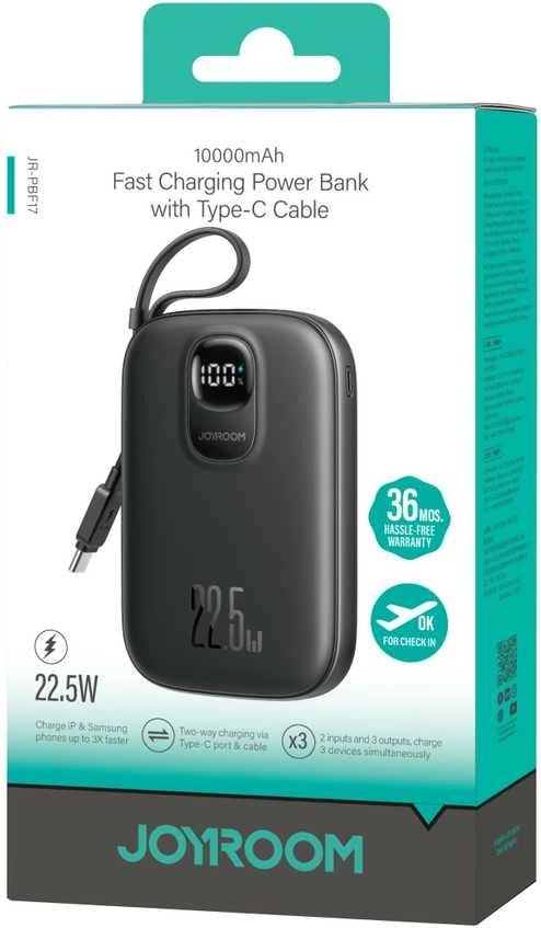 Išorinė baterija Power Bank Joyroom JR-PBF17 22.5W with USB-C cable 10000mAh juoda