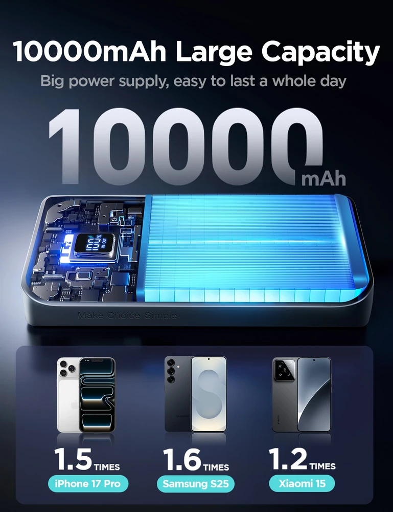 Joyroom JR-QP191 Star Series Mini 10000mAh 22.5W Powerbank with Digital Ekranas - Juodas