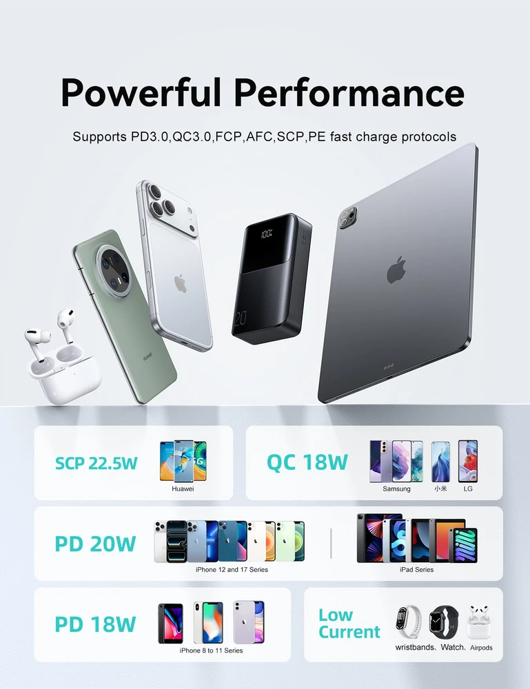Joyroom JR-QP192 Star Series Mini 20000mAh 22.5W Powerbank with Digital Ekranas - Juodas