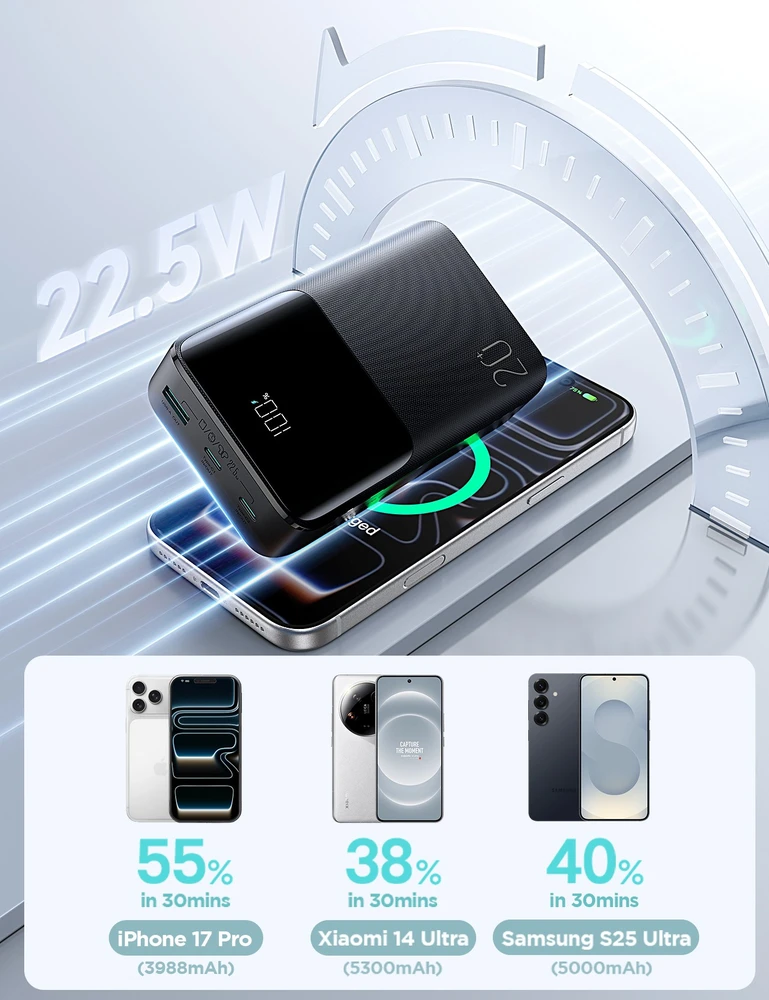 Joyroom JR-QP192 Star Series Mini 20000mAh 22.5W Powerbank with Digital Ekranas - Juodas