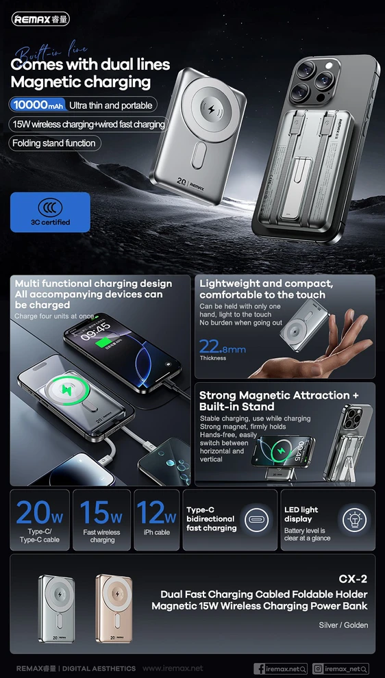 Išorinė baterija Power Bank Remax CX-2 15W MagSafe 10000mAh pilka