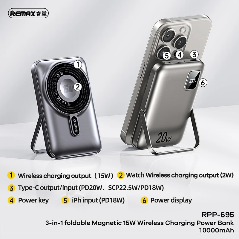 Išorinė baterija Power Bank Remax RPP-695 15W MagSafe 10000mAh pilka