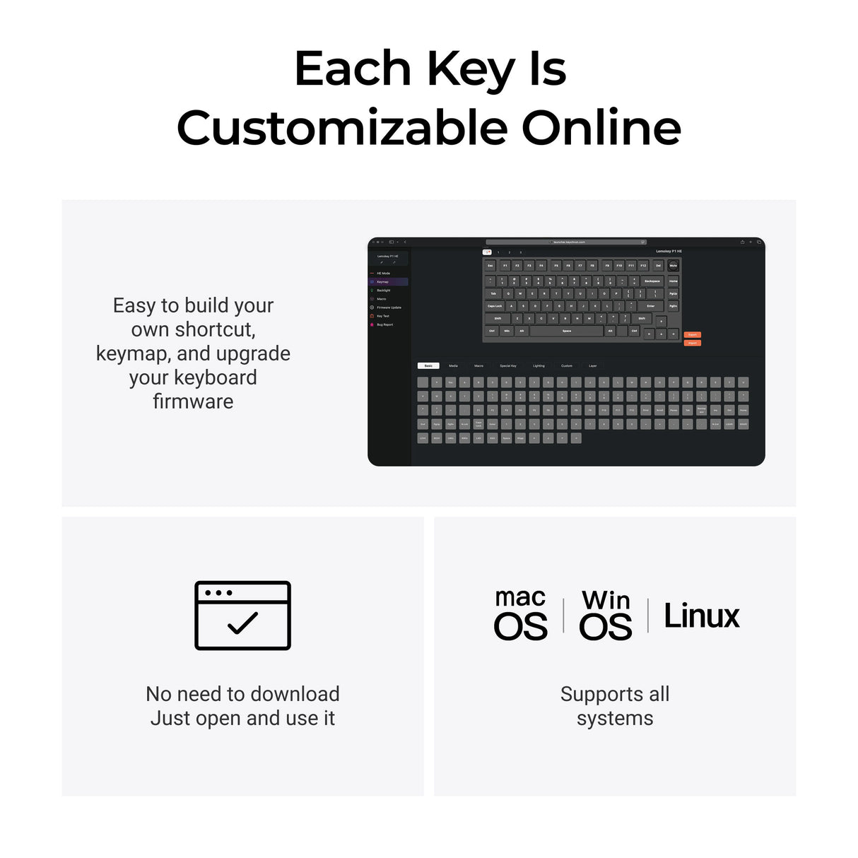 Klaviatūra Keychron Lemokey P1 Magnetinė Hall Effect (Juoda) - Gateron Double-Rail Magnetic Nebula Switches aprašymas - Prekės nuotrauka