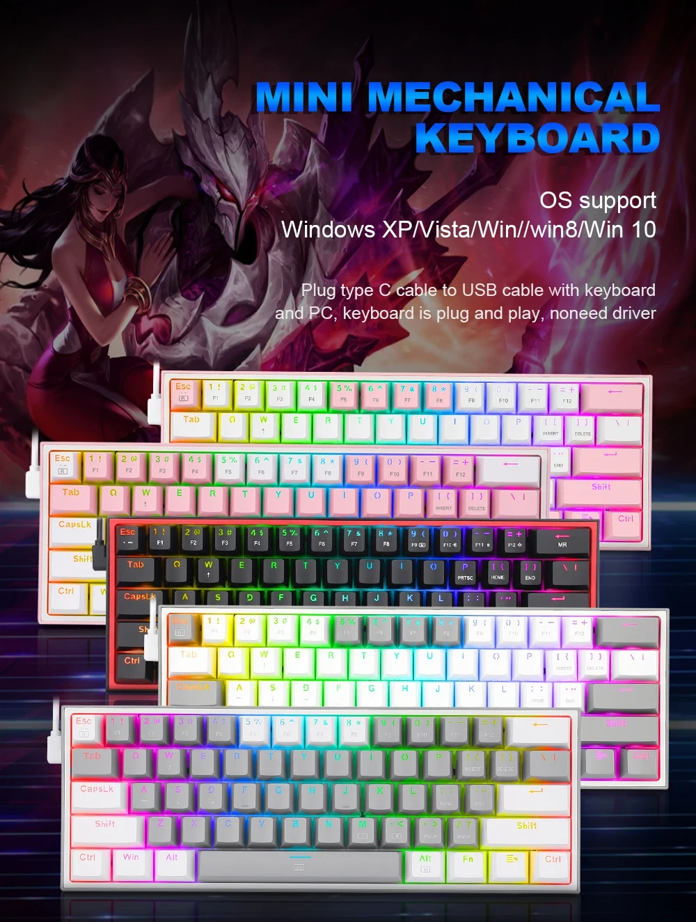 Klaviatūra Redragon K617 Fizz RGB baltas/pilkas aprašymas - Prekės nuotrauka