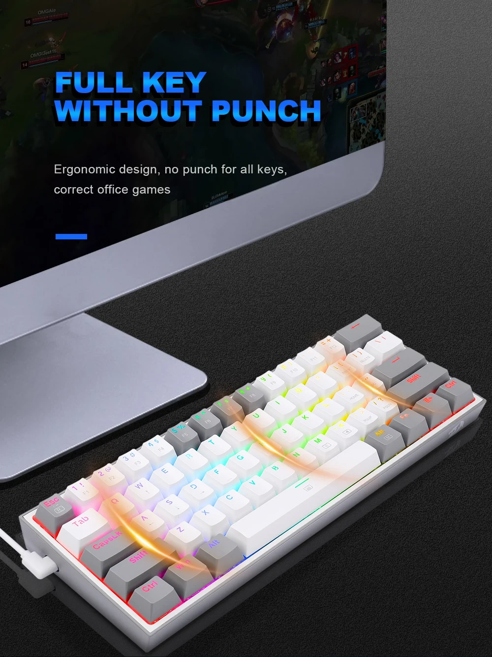 Klaviatūra Redragon K617 Fizz RGB baltas/pilkas aprašymas - Prekės nuotrauka
