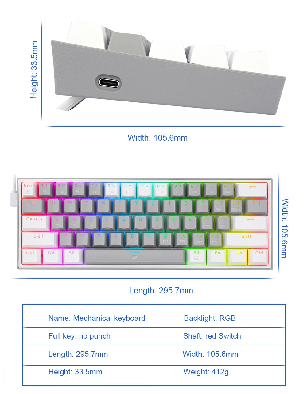 Klaviatūra Redragon K617 Fizz RGB baltas/pilkas aprašymas - Prekės nuotrauka