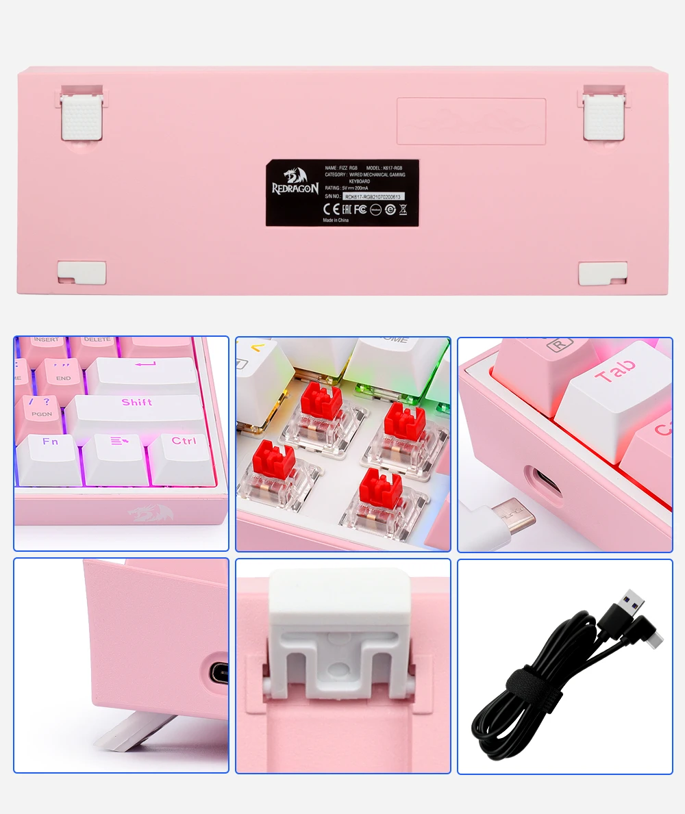 Klaviatūra Redragon K617 Fizz RGB baltas/pink aprašymas - Prekės nuotrauka