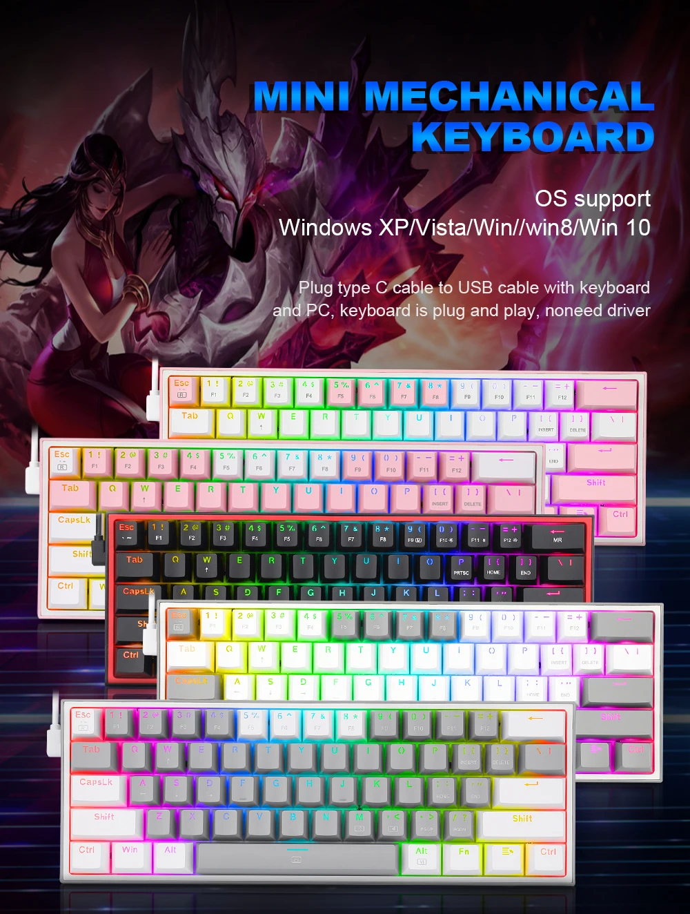 Klaviatūra Redragon K617 Fizz RGB baltas/pink aprašymas - Prekės nuotrauka