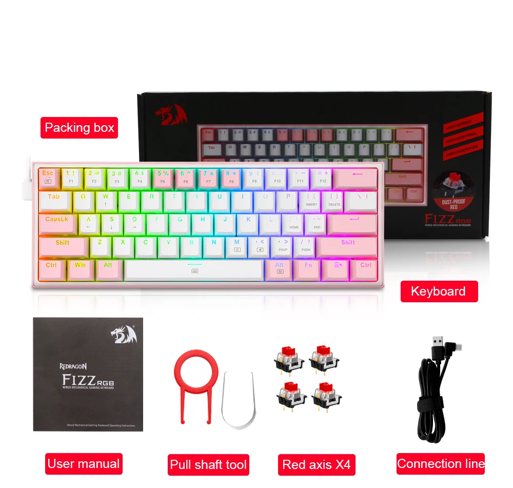 Klaviatūra Redragon K617 Fizz RGB baltas/pink aprašymas - Prekės nuotrauka