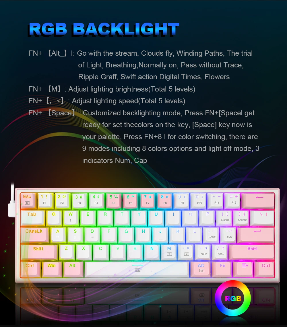Klaviatūra Redragon K617 Fizz RGB baltas/pink aprašymas - Prekės nuotrauka