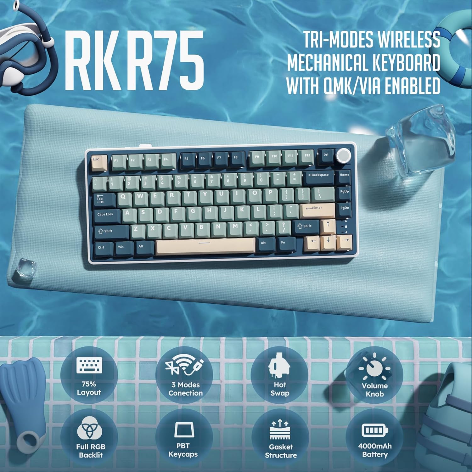 CREAM Klaviatūra Royal Kludge R75 Pro (Phantom) - RK Kreminis Switches aprašymas - Prekės nuotrauka