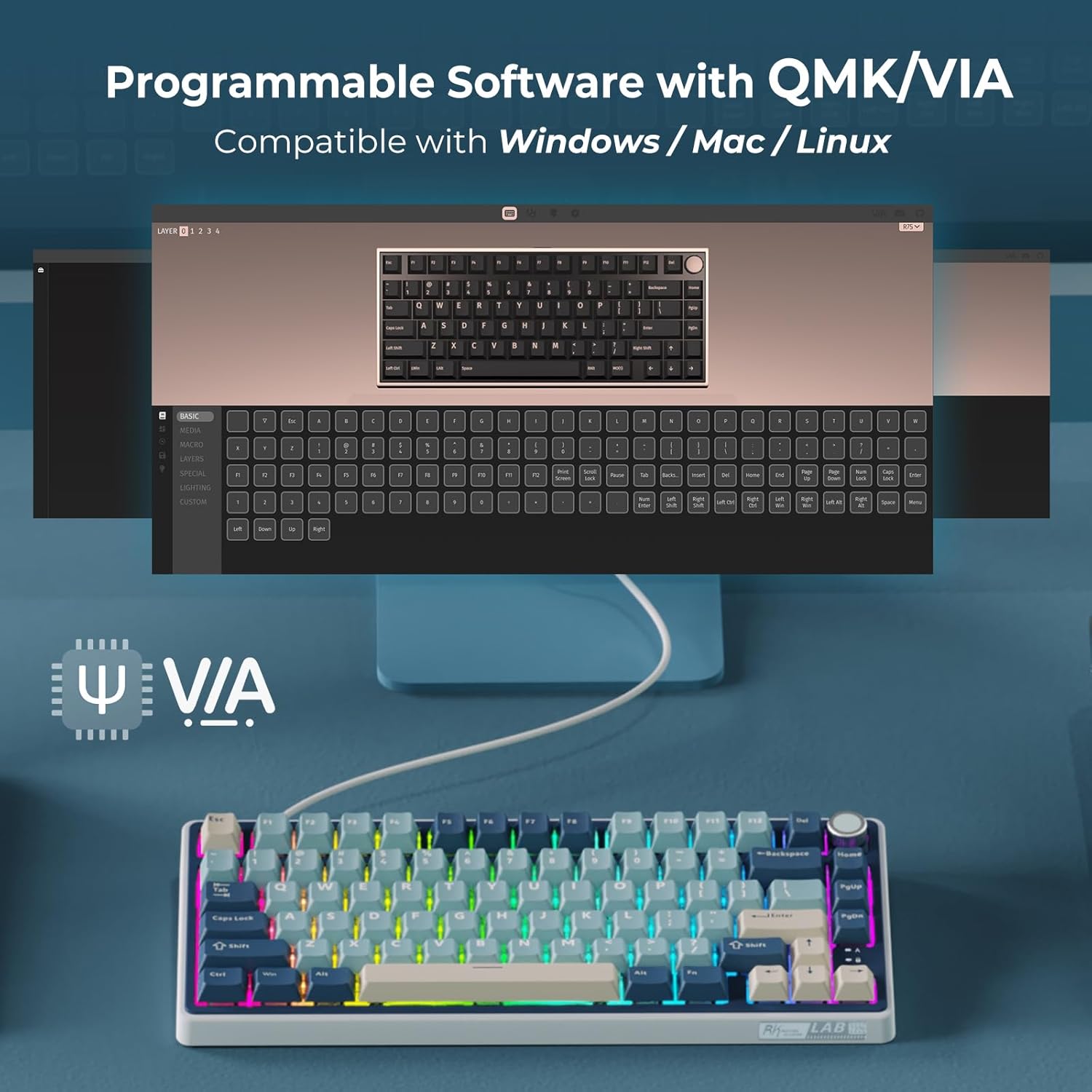 CREAM Klaviatūra Royal Kludge R75 Pro (Phantom) - RK Kreminis Switches aprašymas - Prekės nuotrauka