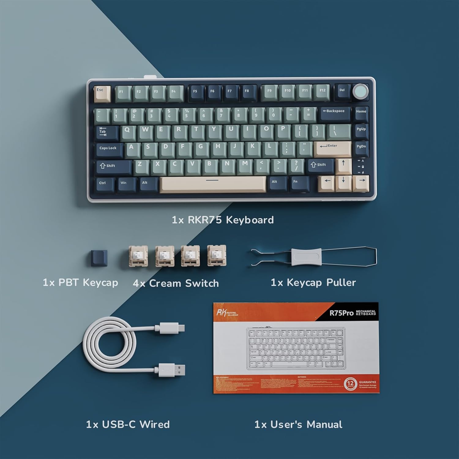 CREAM Klaviatūra Royal Kludge R75 Pro (Phantom) - RK Kreminis Switches aprašymas - Prekės nuotrauka