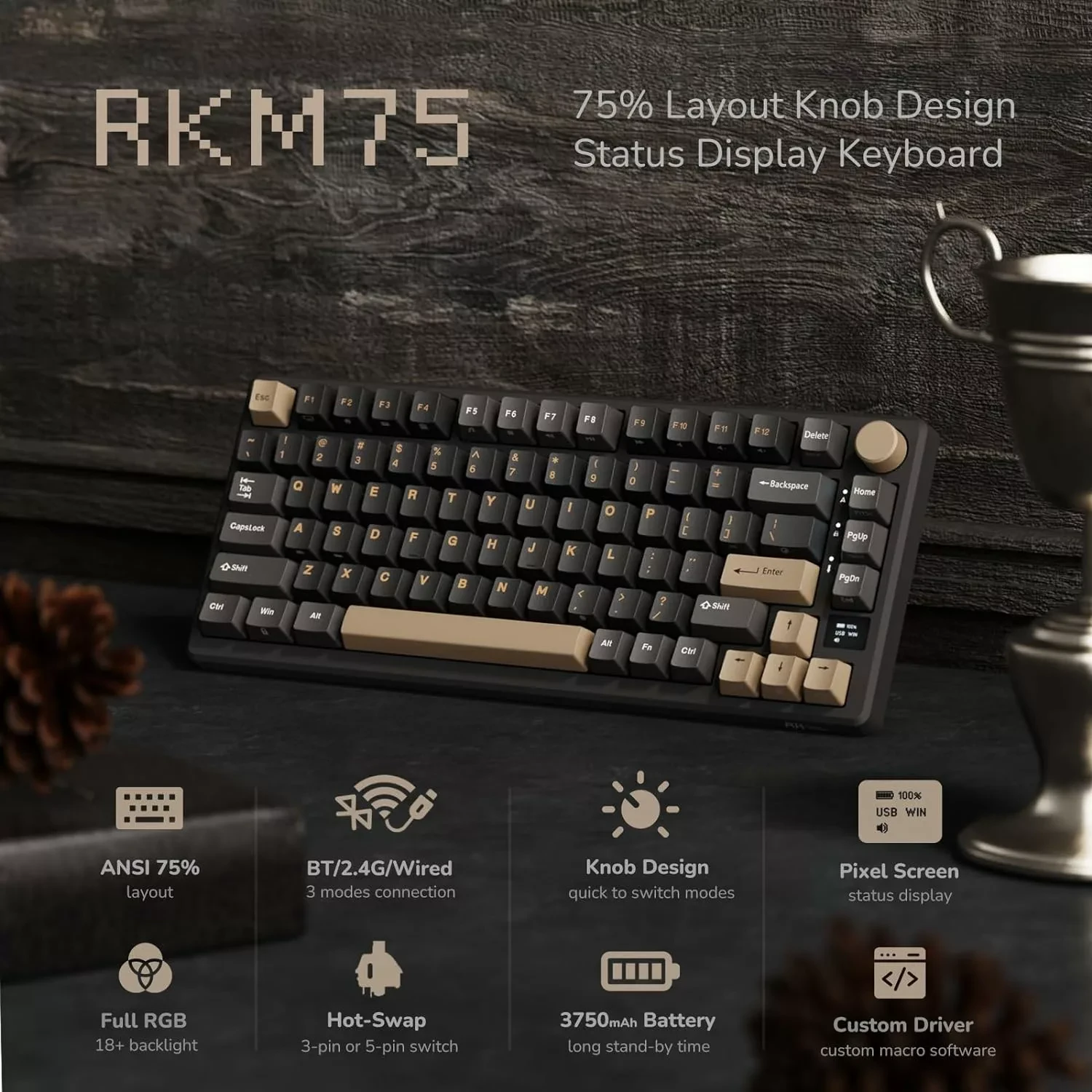 Klaviatūra Royal Kludge RK M75 (Phantom) - RK rusvai gelsvas switches aprašymas - Prekės nuotrauka