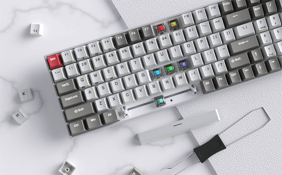 Royal Kludge RK100 Tri-mode belaidė klaviatūra | 96%, Hot-swap, Raudona Switches, US, balta aprašymas - Prekės nuotrauka