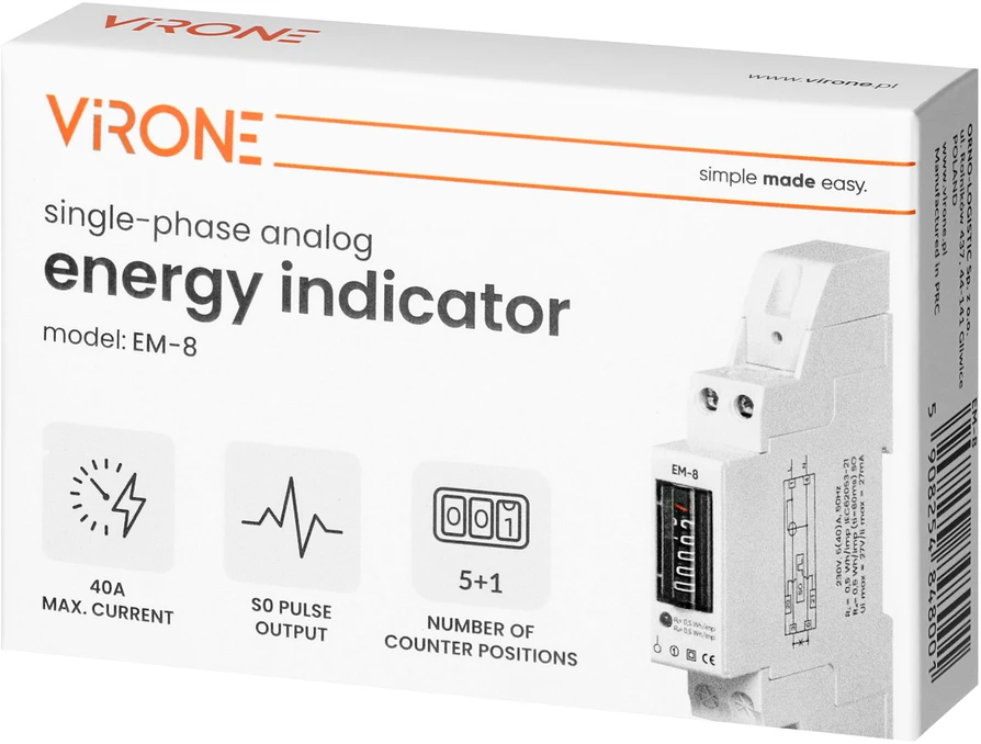 1 Fazowy 1 fazės analoginis elektros energijos suvartojimo indikatorius, 40A, 1 modulis, DIN TH-35mm