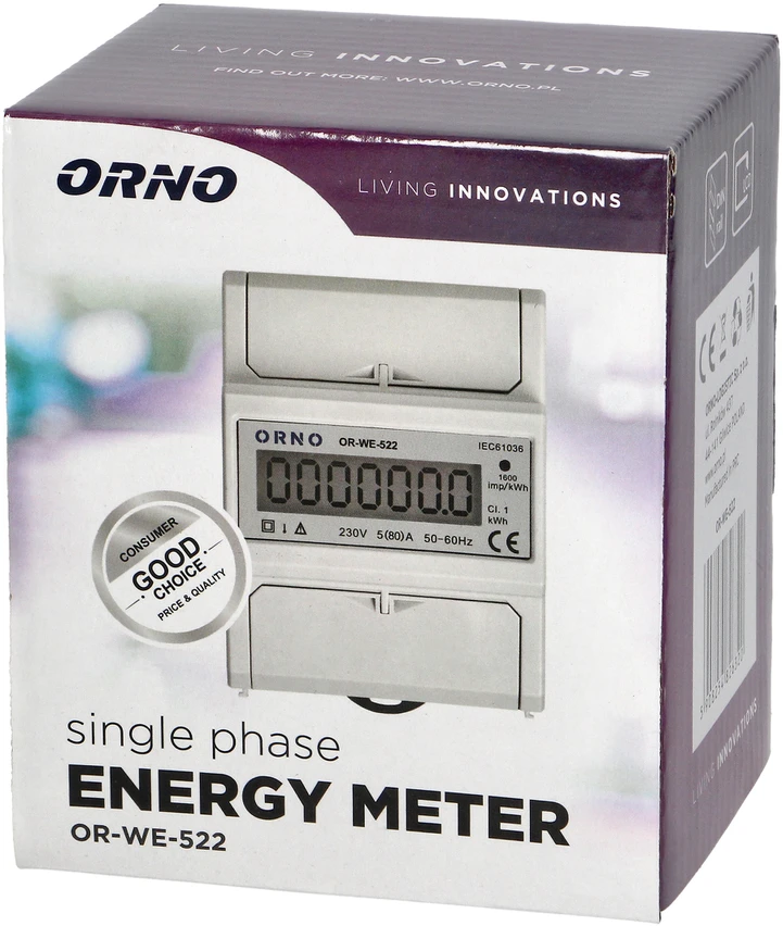 Orno 1 Fazowy 1 fazės elektros energijos suvartojimo indikatorius, 80A, 3 moduliai, DIN TH-35mm