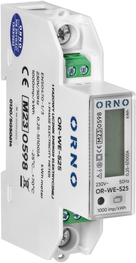 Orno 1 Fazowy 1 fazės elektros skaitiklis, 100A, RS-485 prievadas, MID, 1 modulis, DIN TH-35mm, PV