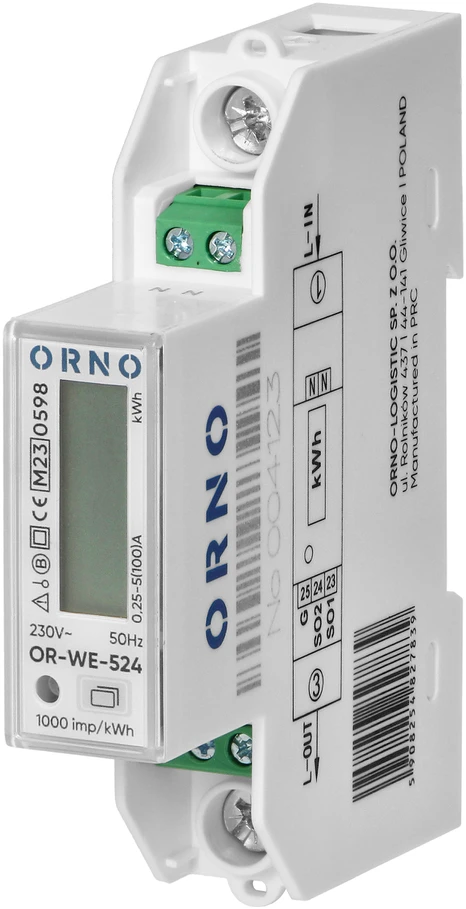 Orno 1 Fazowy 1 fazės elektros skaitiklis, 100A, MID, 1 modulis, DIN TH-35mm, PV