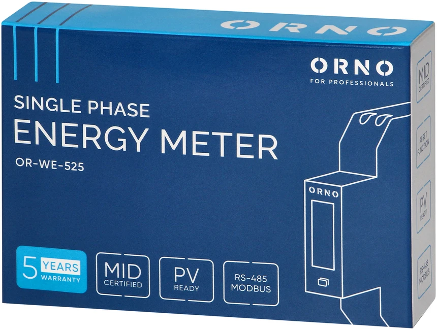 Orno 1 Fazowy 1 fazės elektros skaitiklis, 100A, RS-485 prievadas, MID, 1 modulis, DIN TH-35mm, PV