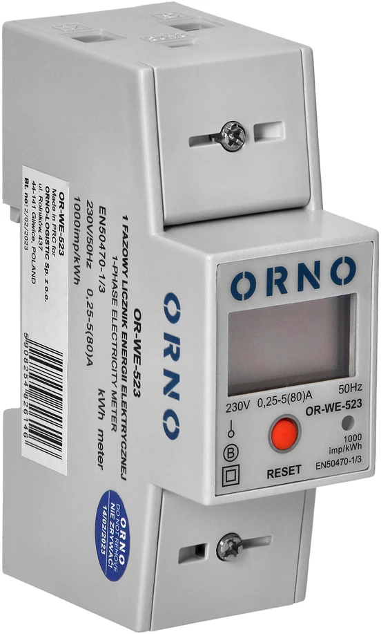 Orno 1 Fazowy Vienfazis elektros energijos skaitiklis, 80A, MID, RS485, papildomas indikatorius, impulsų išėjimas, RESET mygtukas, 2 moduliai, DIN TH-35mm