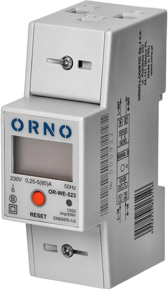 Orno 1 Fazowy Vienfazis elektros energijos skaitiklis, 80A, MID, RS485, papildomas indikatorius, impulsų išėjimas, RESET mygtukas, 2 moduliai, DIN TH-35mm